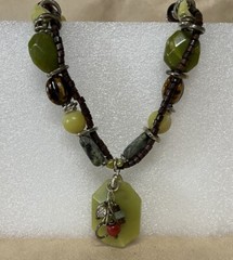 Green Chunky Stones And Beads Statement Necklace With Lobster Clasp 17”