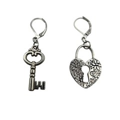 Handmade Lock and Key Earrings Whimsy Silver Tone Leverback Heart Skeleton Key