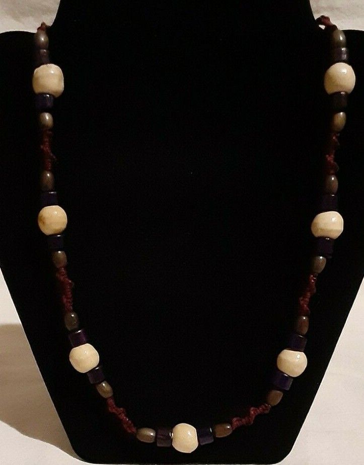 Handmade Burgundy Hemp Cord Necklace Purple Brown Wood Beads Homemade Jewelry
