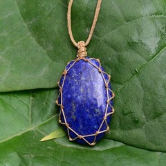 Handmade Natural Lapis Lazuli Cabochon Bohemian Macrame Necklace Healing Pendant