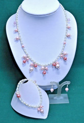 Handmade Jewelry Set: Pink Faux Pearl Necklace, Stretch Bracelet & Earrings