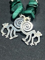 Sterling Silver Monkey Dangle Earrings With Malachite Chips 3.57 Grams 1 5/8”