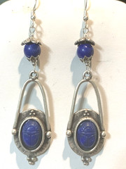 NEW ITEM* HANDCRAFTED EGYPT CARVED VTG. LAPIS SCARAB EARRINGS-NEW-.925 EAR WIRES