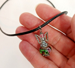 Handcrafted Angel Pendant Necklace 17″ Black Cord Green Floral Lampwork Glass