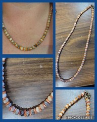 Fossil coral (faceted) with orange spiny oyster necklace. Approx 21″