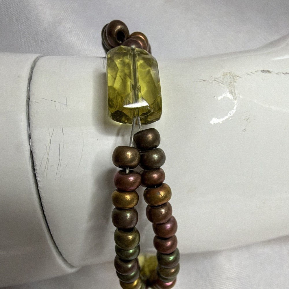 Handmade Seed Bead Bracelet Yellow Glass Accent Toggle Clasp Boho Artisa