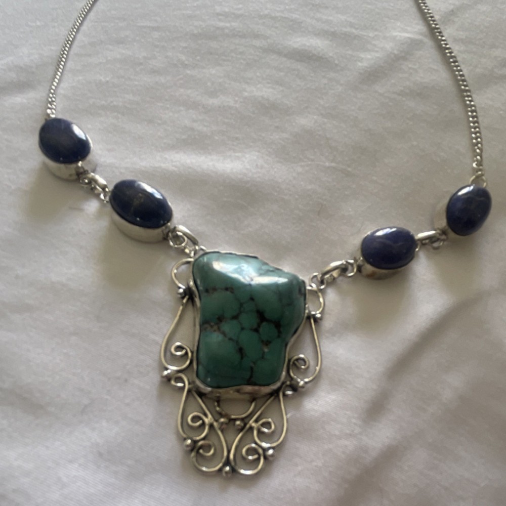 Natural Turquoise & Lapis Statement Necklace, 925 Sterling 18”