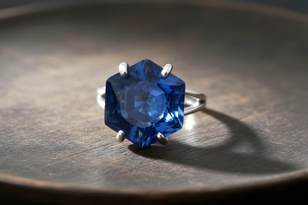 Sterling Silver Sapphire Ring Hexagon Cut Solitaire 16mm Birthday Gift