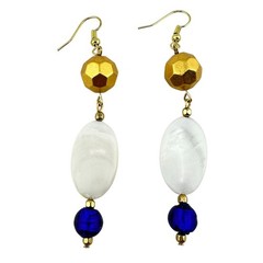 Vintage Upcycled Handmade MOP Blue Glass Gold Tone Bead Dangle Drop 3″ Earrings