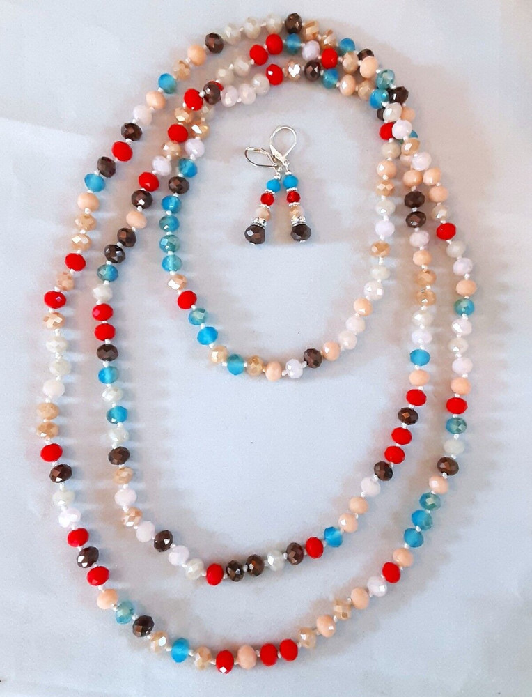 Faceted MULTI-COLOR CRYSTAL hand tied bead necklace set 58 INCHES