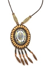 Boho Artisan Pendant Necklace Wood Bead Ceramic Medallion Fringe 30in