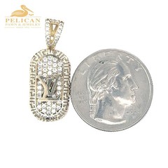 14K Gold «LV» Letters Iced White Pave Stones Greek Key Border Penda (PPG012527)