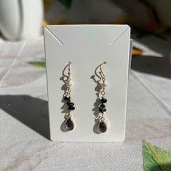 Black Onyx Pearl Earrings, Tourmaline Gray Crystals, Edgy, Minimalist, Casual