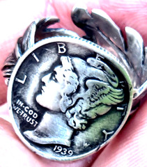 Women signet ring authentic 1939 silver Mercury dime coin 7 to 8 adjustable