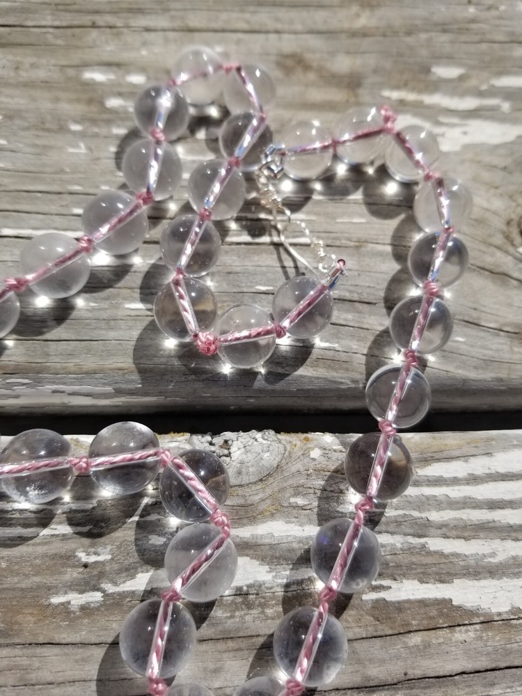 Hand knotted 20 in.pool of lights style necklace, 100% pink silk handmade clasp