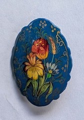 4 Lacquer Russian Pins Brooch Handmade Signed Painted Floral Flowers