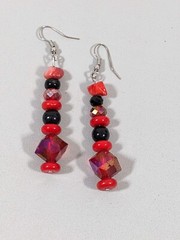 Artisan Red Black Stone Glass Stacked Bead Dangle Hook Earrings