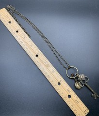 Skeleton Key Necklace -Button,Floral Charm,Red/Clear Glass Beads,Gold/Brass Tone