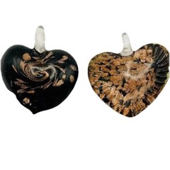 Fused Glass Heart Pendants Black and Metallic Copper Set of 2 Hand Made VTG
