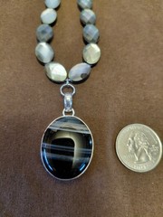 Agate Banded Black & White Striped Necklace with Rainbow Obsidian Stones VG