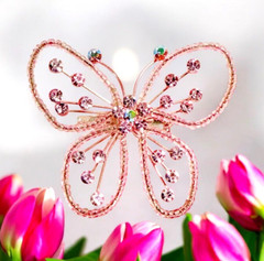 Lg Translucent Pink Seed Bead BUTTERFLY Pin Brooch w Pink Rhinestones Handmade?