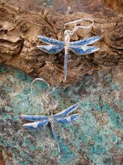 Dragonfly Sterling Silver Blue Denim Lapis Gemstone & Opal Earrings Handmade B36
