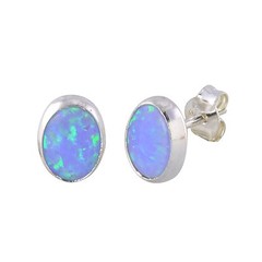 Sterling Silver Opal Gemstone Stud Earrings Periwinkle Green 7mm x 9mm Oval