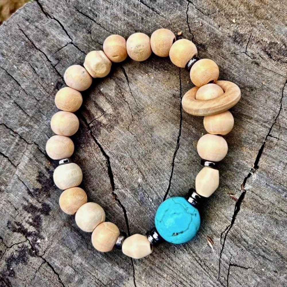 Wood Beaded Stretch Bracelet w/ Blue Round Turquoise Stone, Unisex Adults