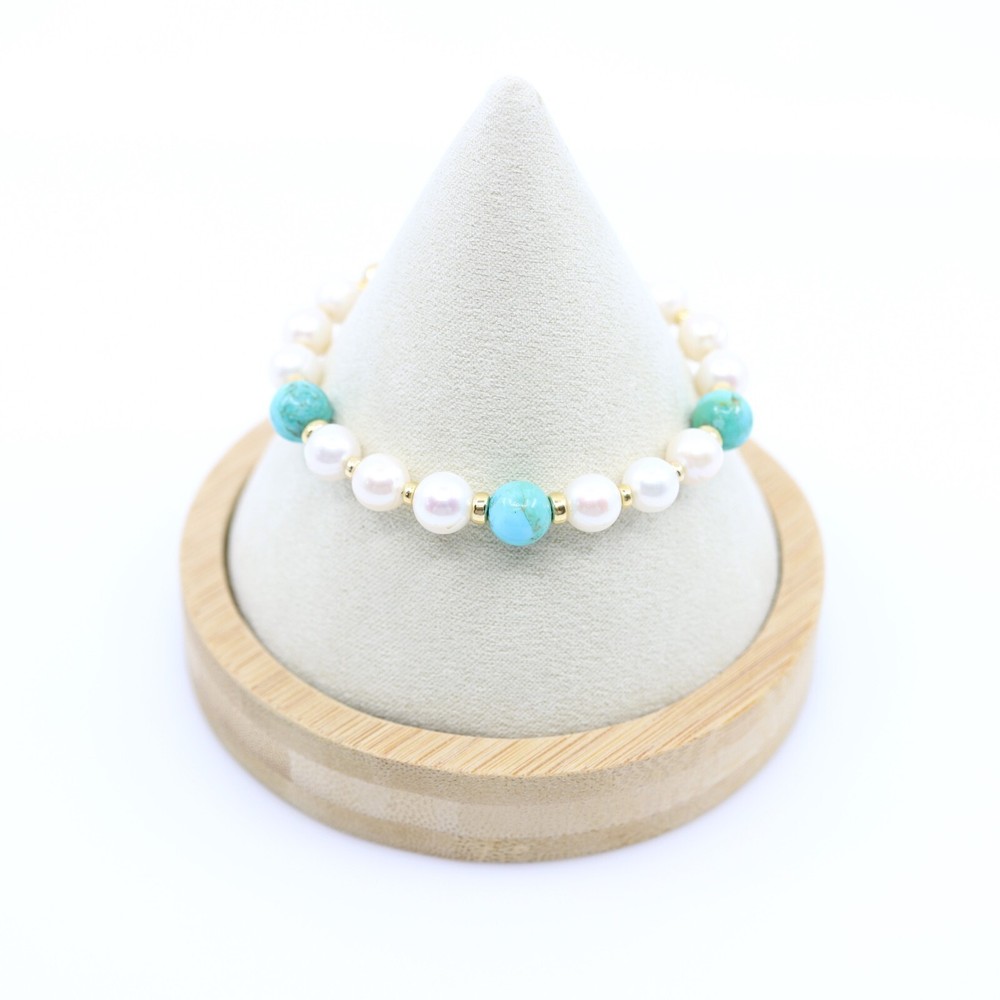8mm Round Pearl & Kingman Turquoise Gold Fill Bracelet, Designer Jewelry