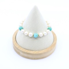 8mm Round Pearl & Kingman Turquoise Gold Fill Bracelet, Designer Jewelry