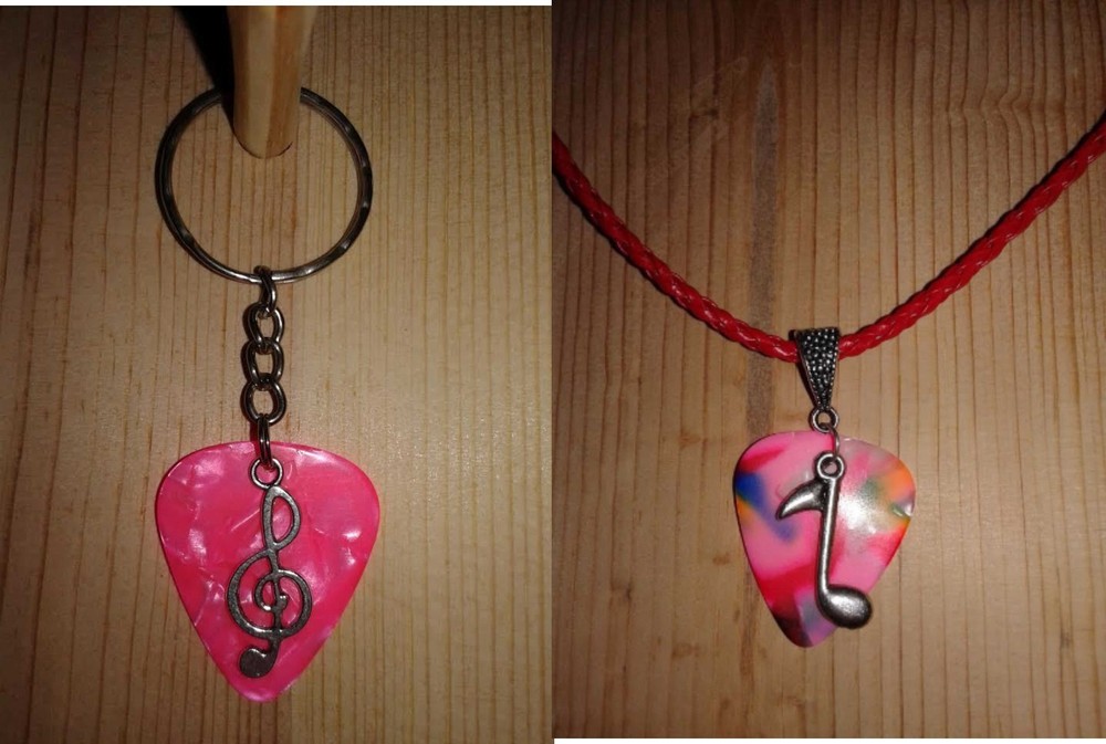 Keychain/Necklace Combo- Multi & Pink Picks / Music&Clef Note Charms / Red Cord