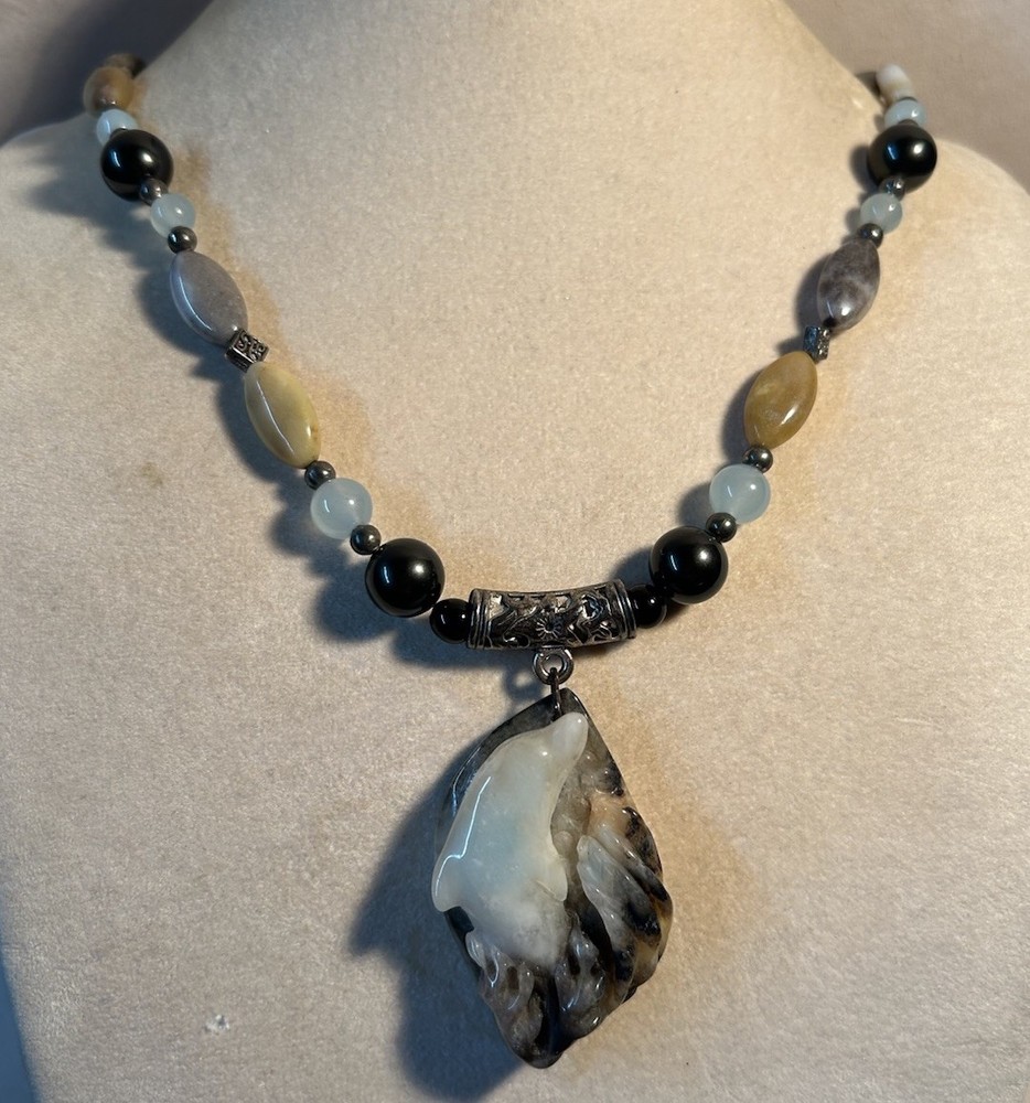 Carved Amazonite Dolphin Pendant Toggle Necklace 20”