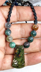 Serpentine Stone Axe hand braided adjustable Necklace with Indian Agates beads.