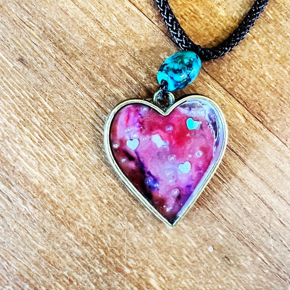 Handmade Resin Heart Pendant with Marbled Paper & Turquoise Bead by Art Story