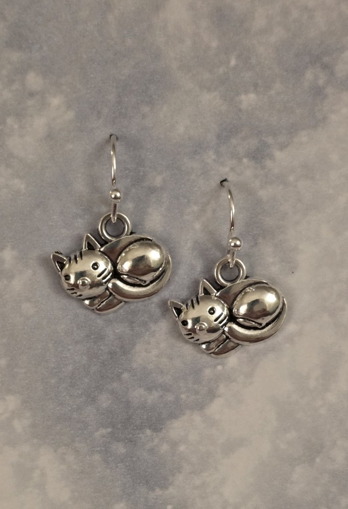 Sterling Silver Hooks Cat Pewter Charm Earrings Free Shipping