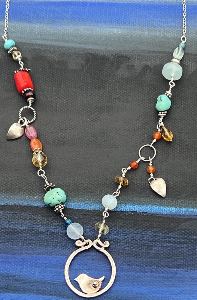 Bird Gemstone Necklace Ruby Sterling Silver Citrine Topaz HeyHey OOAK Art