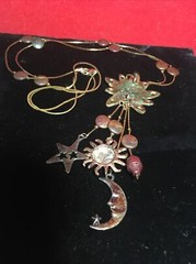 Celestial Sun, Moon and Star Brass Necklace w/wood beads/gold tone 36″ necklace»