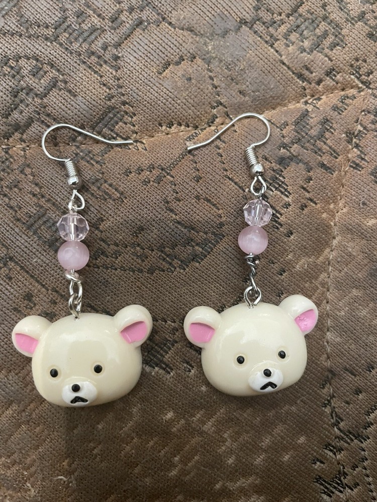 Retro Coccoloso Teddy Bear W/ Crystal Agate Bead French Wire Dangling Earrings