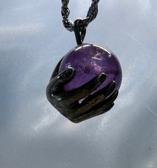Sterling Silver hand holding Amethyst Cryatal ball Solitaire pendant by JKL 232
