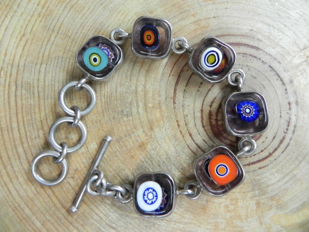 Chunky Dichroic Glass & Sterling Silver .925 Bracelet 6 1/2-7 3/4″