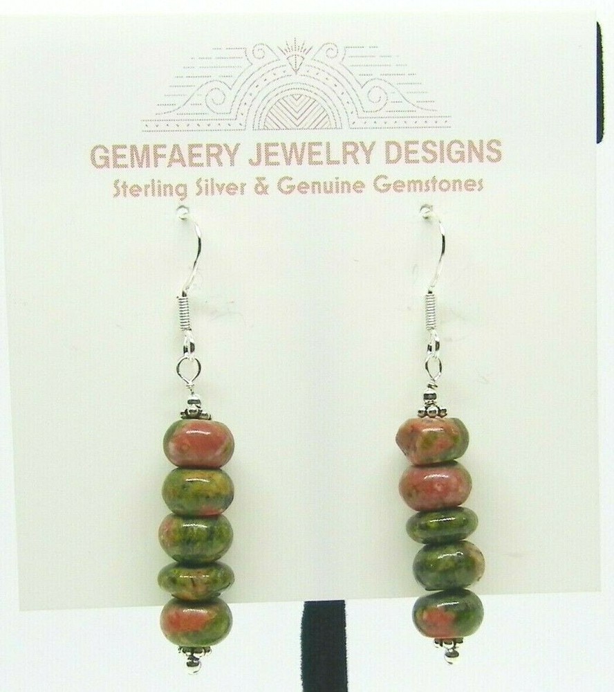 Sterling Silver Natural UNAKITE Gemstone Dangle Earrings #2271…Handmade USA