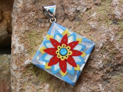 Vibrant Flower Micro Inlay Gemstone Fire Opal Sterling Silver 925 Pendant Ai8