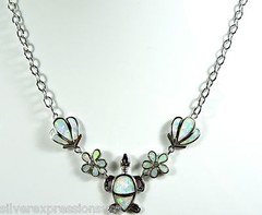 White Fire Opal Inlay 925 Sterling Silver Turtle, Shell, Flower Necklace 18″+2″