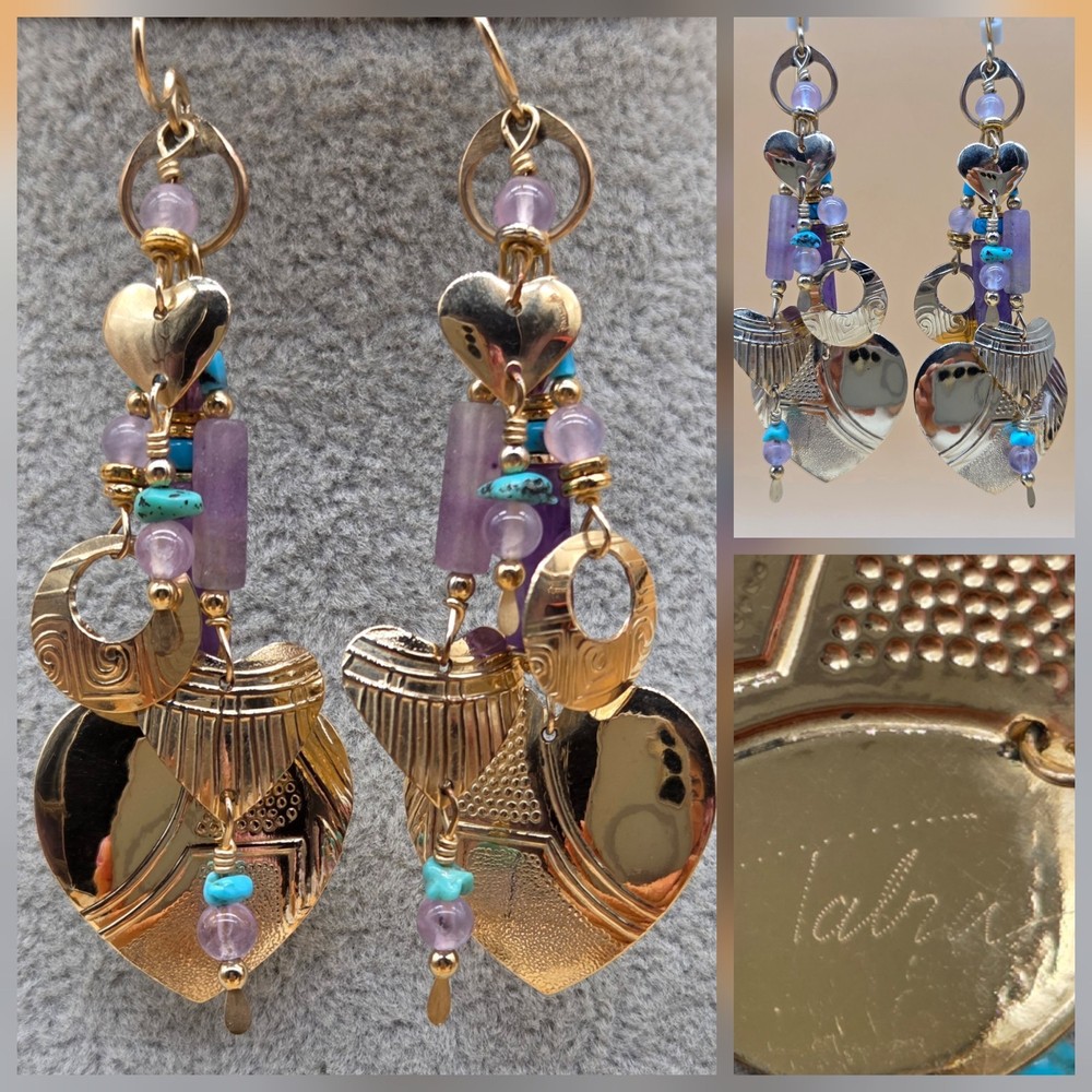 Vintage TABRA Signed Amethyst Turquoise Gemstone Hearts Circle Dangle Earrings