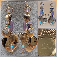Vintage TABRA Signed Amethyst Turquoise Gemstone Hearts Circle Dangle Earrings