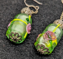 Lampwork Art Glass Dangle Earrings Sterling Silver Hook Green Pink Rose w Foil