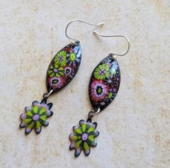 Handmade Murrini Enamel Copper Dangle Earrings Floral .925 Wires (20745)