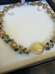 Italian Murano-Style Art Glass Necklace – Gold Leaf Beads & Leaf Pendant