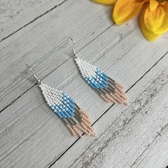 Mini Seed Beaded Earrings 2.5 Inches Pearly Peach Blue Lightweight