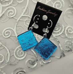 Handcrafted Turquoise Dichroic Glass Dangle Earrings/Sterling Silver Ear wires